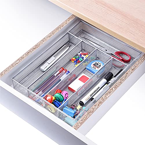 WuGeShop Desk Drawer Organizer Tray 5 Compartments, Metal Mesh Desk Drawer Storage Tray with Non-slip Mats for Office, Bathroom, Kitchen, Silver