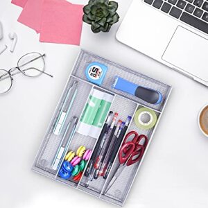 WuGeShop Desk Drawer Organizer Tray 5 Compartments, Metal Mesh Desk Drawer Storage Tray with Non-slip Mats for Office, Bathroom, Kitchen, Silver