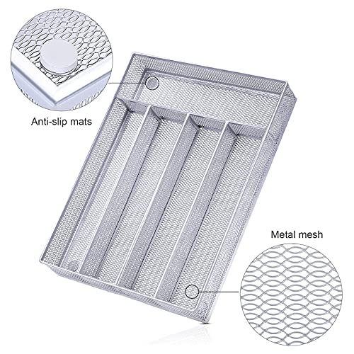 WuGeShop Desk Drawer Organizer Tray 5 Compartments, Metal Mesh Desk Drawer Storage Tray with Non-slip Mats for Office, Bathroom, Kitchen, Silver