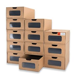 wall qmer shoes box, 12 pack, big size(13.8 x 9.3 x 5.3in), waterproof cardboard, heavy duty, stackable, stable storage boxes, with marking labels, transparent window