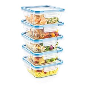 snapware total solution 10-pc glass food storage containers set with plastic lids, 4-cup meal prep container, non-toxic, bpa-free lids with 4 locking tabs, microwave, dishwasher, and freezer safe