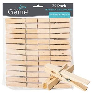 home genie large wooden clothespins, 2.9", natural birchwood rust and moisture resistant clothes pegs, durable wood clothing pins, strong grip, laundry clothesline, bag clips, crafts, photos, 25 pack