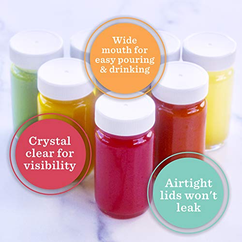 Juice Shot Bottles Set - Wide Mouth for Juicing, Beverage Storage, Liquids, 2 oz, Clear Glass with White Caps, Reusable, Leak Proof, Jars (8 pack)