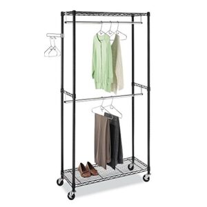 WEI WEI GLOBAL Double Rod Garment Rack, Rolling Clothes Organizer with Shelf, Side Hanger and Wheels (Black)-76" H