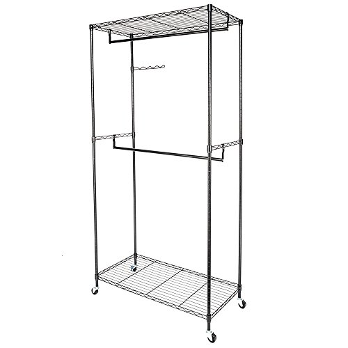 WEI WEI GLOBAL Double Rod Garment Rack, Rolling Clothes Organizer with Shelf, Side Hanger and Wheels (Black)-76" H