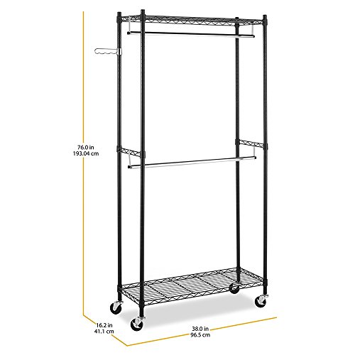 WEI WEI GLOBAL Double Rod Garment Rack, Rolling Clothes Organizer with Shelf, Side Hanger and Wheels (Black)-76" H