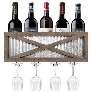 autumn alley rustic barn door wine rack with glass storage - country home decor rustic farmhouse for kitchen, dining room – wood and metal wine wall mount storage – holds 5 bottles, 4 stemmed glasses