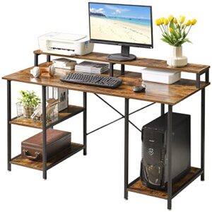ibuyke 55" computer desk, office table, gaming workstation with storage shelves/monitor stand, study table for home office, space-saving, easy to assemble, rustic brown and black utmj056h