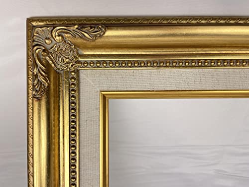 TP Picture Frame (No Glass and Backing)- Classic Gold Ornate Wood/Gesso with Linen Liner- Antique Style, Baroque, Vintage Look (16x20)