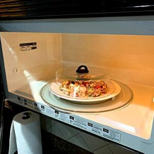 10 Inch Microwaveable Glass Plate Cover w/ Easy-Grip Silicone Handle - Keeps Food from Splattering - Helps Food Heat More Quickly - Handle Stays Cool to Touch - Microwave & Dishwasher Safe