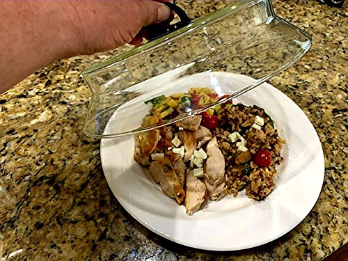 10 Inch Microwaveable Glass Plate Cover w/ Easy-Grip Silicone Handle - Keeps Food from Splattering - Helps Food Heat More Quickly - Handle Stays Cool to Touch - Microwave & Dishwasher Safe