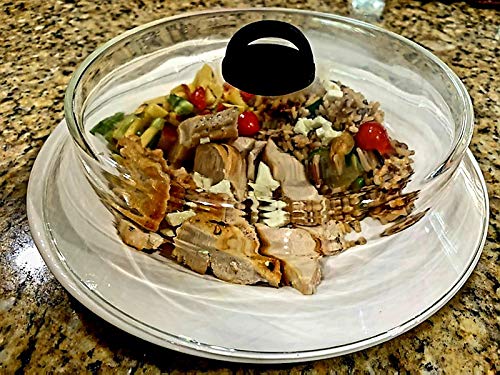 10 Inch Microwaveable Glass Plate Cover w/ Easy-Grip Silicone Handle - Keeps Food from Splattering - Helps Food Heat More Quickly - Handle Stays Cool to Touch - Microwave & Dishwasher Safe