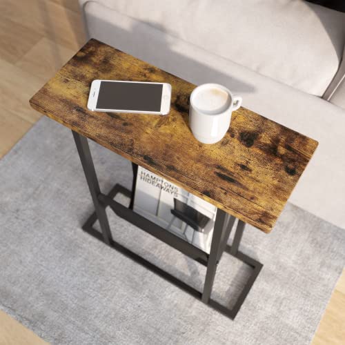 Yusong Small Narrow Side Table for Small Spaces, Slim End Table Magazine Table Nighstand with Storage Holder, Accent Skiny Snack Couch Beside Table, Rustic Brown