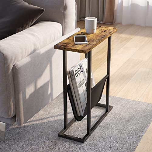 Yusong Small Narrow Side Table for Small Spaces, Slim End Table Magazine Table Nighstand with Storage Holder, Accent Skiny Snack Couch Beside Table, Rustic Brown