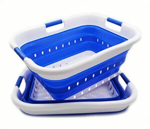 sammart 41l set of 2 collapsible 3 handled plastic laundry basket - foldable pop up storage container/organizer - portable washing tub - space saving hamper/basket (2, white/dark blue)