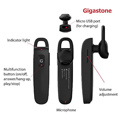 Gigastone D1 Bluetooth Earpiece 2-Pack, Wireless Handsfree Headset with Microphone, 6-8 Hrs Driving Single Ear Bluetooth Headset, Noise Canceling Mic, Compatible with iPhone Android