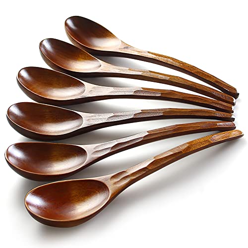 Soup Spoons,AOOSY Wooden Soup Spoons, 6 Pieces 7.84 inches Japanese Ramen Spoons Round Nanmu Wood Long Handle Rice Dessert Cooking Tasting Dinner Table Spoon for Kitchen Restaurant