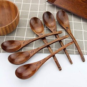 Soup Spoons,AOOSY Wooden Soup Spoons, 6 Pieces 7.84 inches Japanese Ramen Spoons Round Nanmu Wood Long Handle Rice Dessert Cooking Tasting Dinner Table Spoon for Kitchen Restaurant