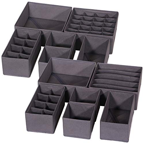 DIOMMELL 12 Pack Foldable Cloth Storage Box Closet Dresser Drawer Organizer Fabric Baskets Bins Containers Divider for Baby Clothes Underwear Bras Socks Lingerie Clothing,Dark Grey 11-2224