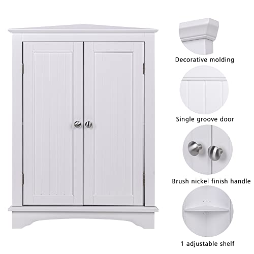 Spirich Home Floor Corner Cabinet with Two Doors and Shelves, Free-Standing Corner Storage Cabinets for Bathroom, Kitchen, Living Room or Bedroom, White