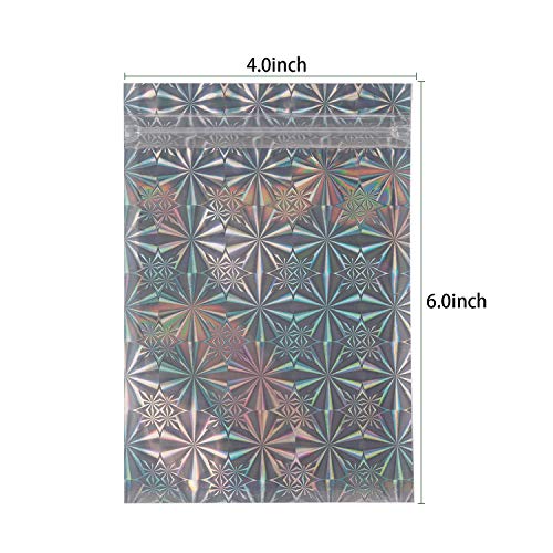 100 Pack Smell Proof Bags - Various Size Reclosable Mylar Bags Resealable Clear Ziplock Holographic Rainbow Color (Snowflake, 10x15cm (4"x6"))