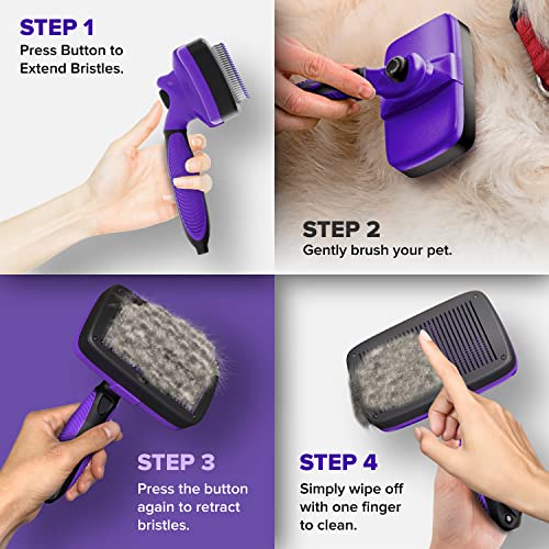 Ruff 'N Ruffus Self-Cleaning Slicker Brush With NO- PAIN Bristles | Gently Removes Loose Undercoat, & Tangled Hair | For Cats & Dogs | Reduces Shedding by 95% + Pet Nail Clipper & Comb included