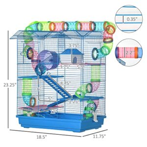 PawHut 18.5" 5 Tier Hamster Cage with Tubes and Tunnels, Small Animal Cage, Rat Gerbil Cage with Water Bottle, Food Dish, Exercise Wheel, Blue