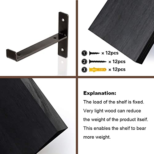 RR ROUND RICH DESIGN Shelving Wall Mounted Rustic Wood Floating Shelves Metal Brackets Storage Set for Bathroom Bedroom Living Room Kitchen Black