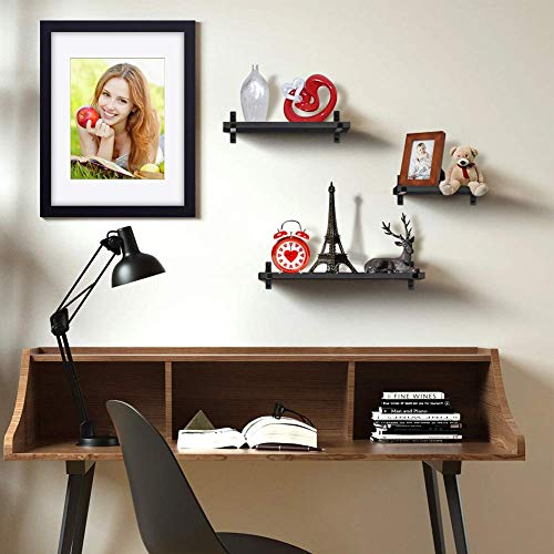 RR ROUND RICH DESIGN Shelving Wall Mounted Rustic Wood Floating Shelves Metal Brackets Storage Set for Bathroom Bedroom Living Room Kitchen Black