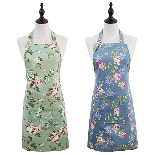 Saukore Floral Aprons for Women, 2 Pack Kitchen Aprons with 2 Pockets for Cooking Baking, Vintage Gardening Apron Gifts for Gardeners, Birthday Mother's Day Apron Gift for Mom Wife Aunt Grandma