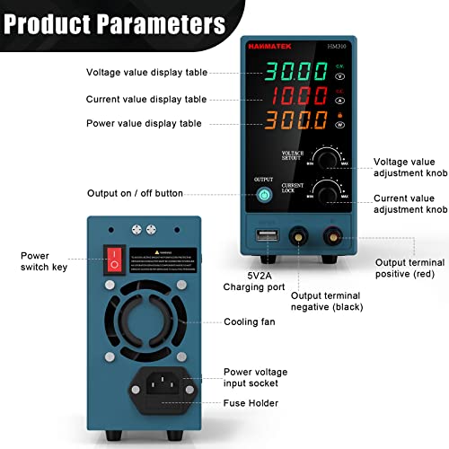 Adjustable DC Power Supply (0-30 V 0-10 A) with Output Enable/Disable Button HANMATEK HM310 Mini Variable Switching Digital Bench Power Supply with USB Charging