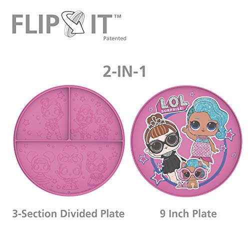 Zak Designs LOL Surprise 2pc Double-Sided with Standard and 3-Section Divided 2-in-1 PP Flip-It Plate,Non BPA Material is Durable and Perfect for Kids, 9 inches