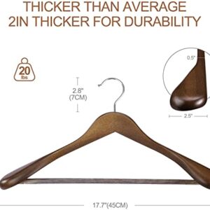 HOUSE DAY Wide Shoulder Wooden Hangers, Suit Hangers with Non Slip Pants Bar, Smooth Finish 360° Swivel Hook Solid Wood Coat Hangers for Dress, Jacket, Pants, Heavy Clothes Hangers 6 Pack (Walnut)
