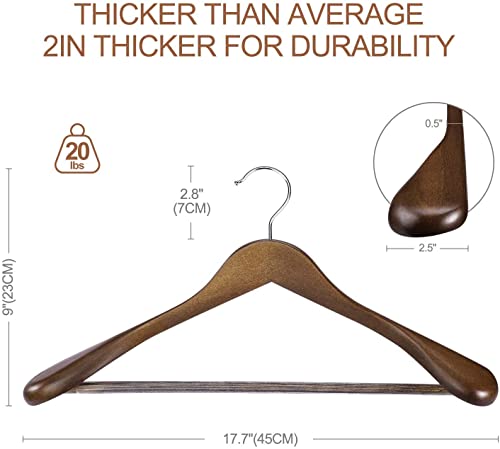 HOUSE DAY Wide Shoulder Wooden Hangers, Suit Hangers with Non Slip Pants Bar, Smooth Finish 360° Swivel Hook Solid Wood Coat Hangers for Dress, Jacket, Pants, Heavy Clothes Hangers 6 Pack (Walnut)