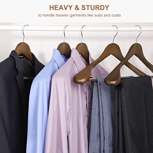 HOUSE DAY Wide Shoulder Wooden Hangers, Suit Hangers with Non Slip Pants Bar, Smooth Finish 360° Swivel Hook Solid Wood Coat Hangers for Dress, Jacket, Pants, Heavy Clothes Hangers 6 Pack (Walnut)