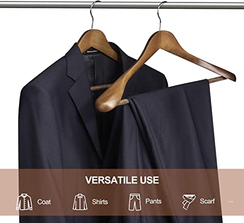 HOUSE DAY Wide Shoulder Wooden Hangers, Suit Hangers with Non Slip Pants Bar, Smooth Finish 360° Swivel Hook Solid Wood Coat Hangers for Dress, Jacket, Pants, Heavy Clothes Hangers 6 Pack (Walnut)