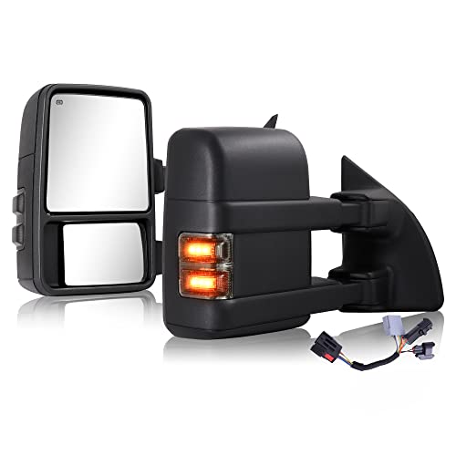 Towing Mirrors Compatible With 1999-2016 Ford F250 F350 F450 F550 Super Duty Truck Side Tow Mirrors, Super Duty Mirrors, Power Heated Manual telescoping&folding Pair LED Turn Signal Smoke