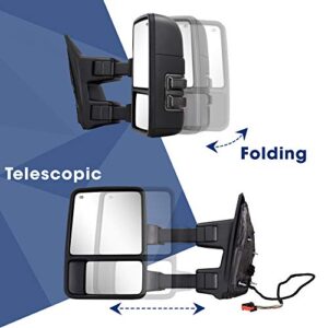 Towing Mirrors Compatible With 1999-2016 Ford F250 F350 F450 F550 Super Duty Truck Side Tow Mirrors, Super Duty Mirrors, Power Heated Manual telescoping&folding Pair LED Turn Signal Smoke