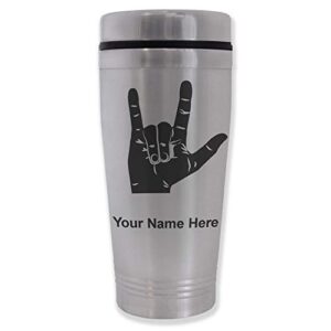 lasergram 16oz commuter mug, sign language i love you, personalized engraving included