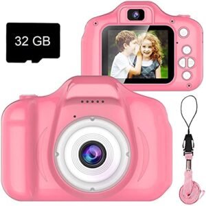 dylanto upgrade kids selfie camera, christmas birthday gifts for girls age 3-9, hd digital video cameras for toddler, portable toy for 3 4 5 6 7 8 year old girl with 32gb sd card (pink