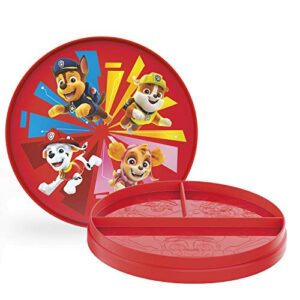 zak designs polypropylene (pp) paw patrol chase, rubble, marshall, skye double-sided 2-in-1 plate with standard and 3-section divided side, non bpa material is durable and perfect for kids
