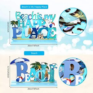 2 Pcs Beach Sign Ocean Sea Animal Party Decor Beach is My Happy Place Plaque Sign Wooden Table Decorations for Coastal Theme Interior Beach House Home Beach Bathroom Decor, 7.87 x 4.72 Inch