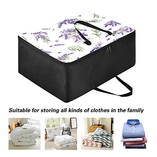 Blueangle Lavender Flowers Clothes Storage Bag Organizer 100L Large Capacity Clothing Storage Containers for Comforters, Blankets, Foldable with Dual Zipper