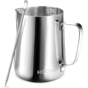 hoomil milk frothing pitcher, 12oz/350ml stainless steel steaming pitcher barista milk frother cup jug for espresso machine coffee cappuccino latte art - silver