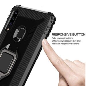 Avesfer for Xiaomi Redmi Note 9 Case with Screen Protector Tempered Glass Shock Absorbing Defender Protective Phone Cover Ring Holder Kickstand Scratch Resistant Carbon Fiber (Black)