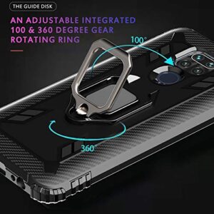 Avesfer for Xiaomi Redmi Note 9 Case with Screen Protector Tempered Glass Shock Absorbing Defender Protective Phone Cover Ring Holder Kickstand Scratch Resistant Carbon Fiber (Black)