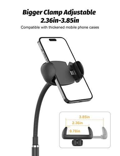 Cell Phone Stand, Adjustable Height & Angle Gooseneck Phone Stand for Desk Flexible Arm Universal Phone Holder, Aluminum Alloy Desktop Phone Stand for Recording Compatible with 3.5"-7" Device (Black)