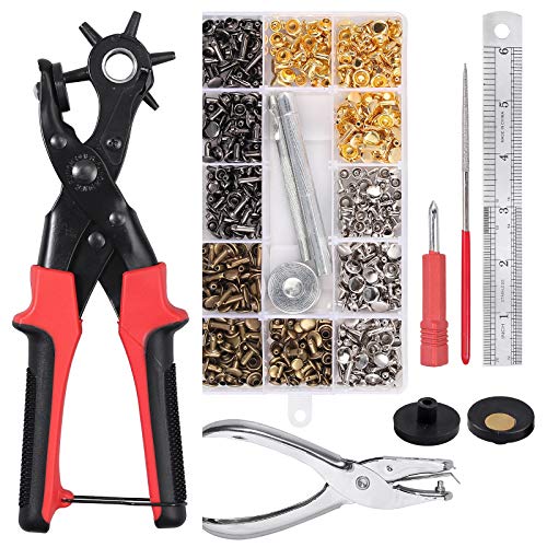 CAMWAY Leather Hole Punch,6Size Revolving Punch Plier Kit Leather Punches Belt Hole Puncher + 240 Set Leather Rivets Double Cap Rivet Hole Puncher for Crafting,Dog Collars,Shoes,Fabric,Paper DIY