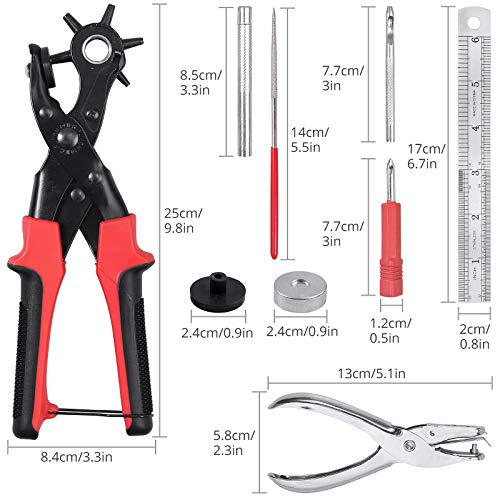 CAMWAY Leather Hole Punch,6Size Revolving Punch Plier Kit Leather Punches Belt Hole Puncher + 240 Set Leather Rivets Double Cap Rivet Hole Puncher for Crafting,Dog Collars,Shoes,Fabric,Paper DIY