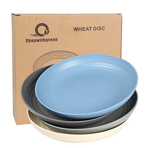 shopwithgreen Wheat Straw Reusable Dinner Plates, Camping Outdoor Plates Sets, for Kitchen, Dorm Room, Microwave Dishwasher Safe, Unbreakable and Lightweight, 8.8 Inch, 4 PCS